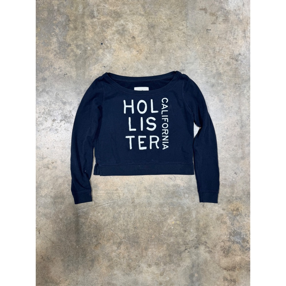 Hollister Graphic Sweatshirt Women XS Navy Blue Good Cropped Scoop Neck Fleece